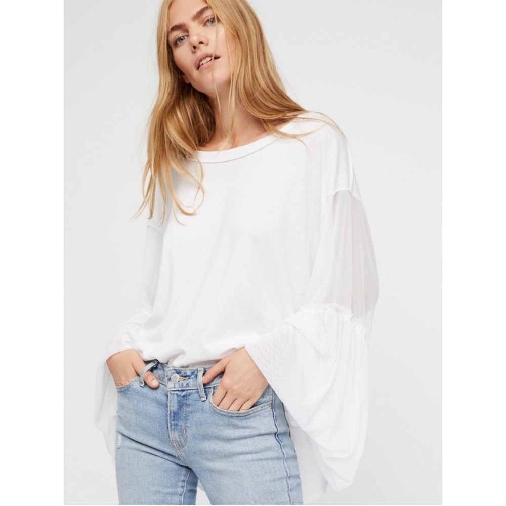 Free People Still Got It White Mesh Bell Sleeve Oversized Boho Top Size Medium